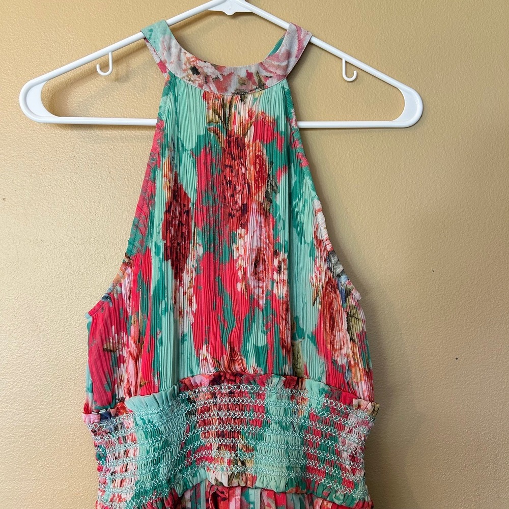 Rococo Sand Mint Green Coral Floral Halter Smocked Pleated Mini Dress New Medium - Picture 2 of 5